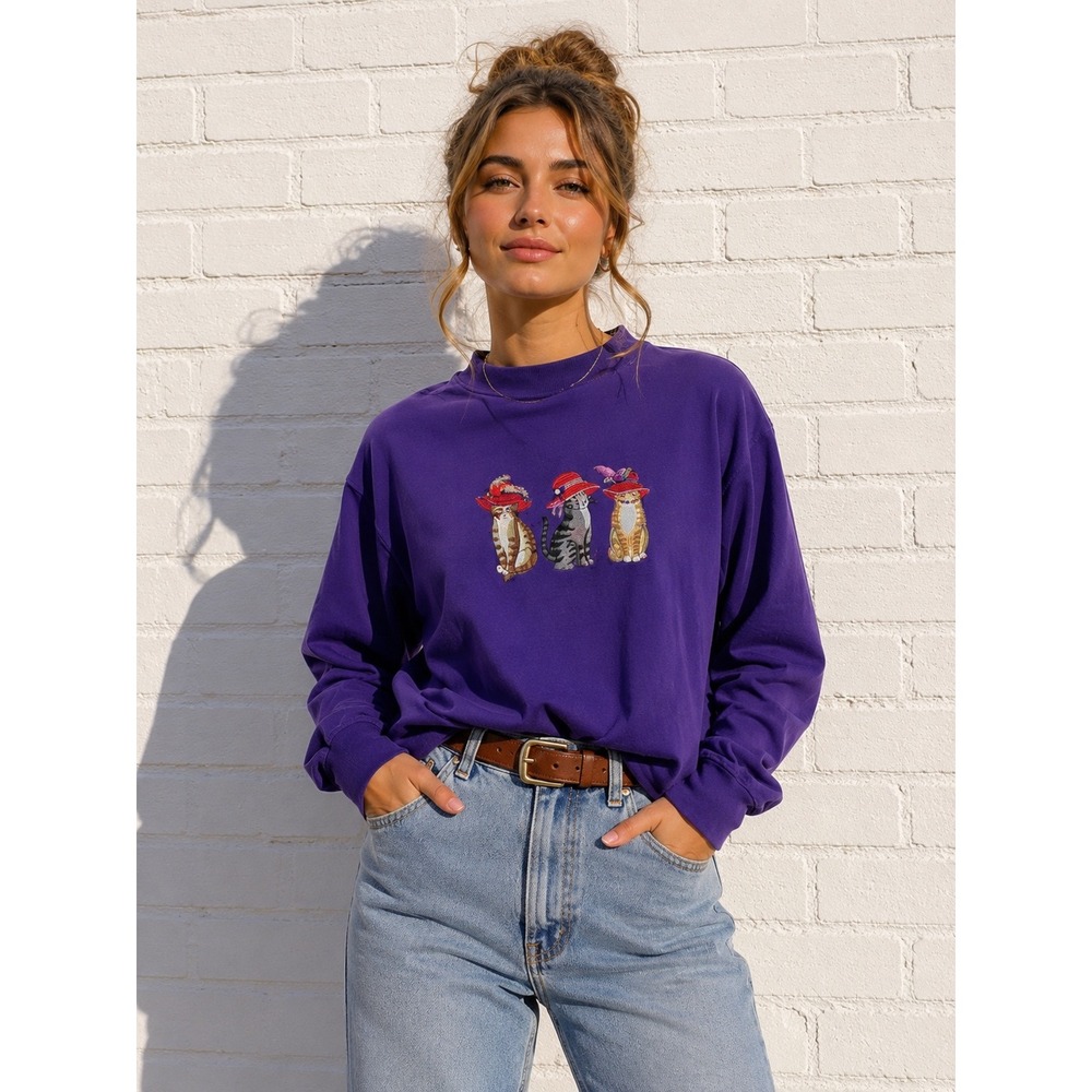 Vintage BonWorth Purple Cotton Embroidered Cats in Hats Mock Neck Top Size L